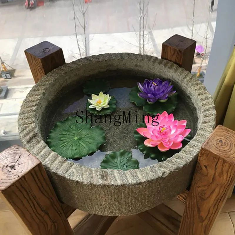 SM new household round stone trough fish tank, creative flower stand, outdoor balcony tea table log furniture