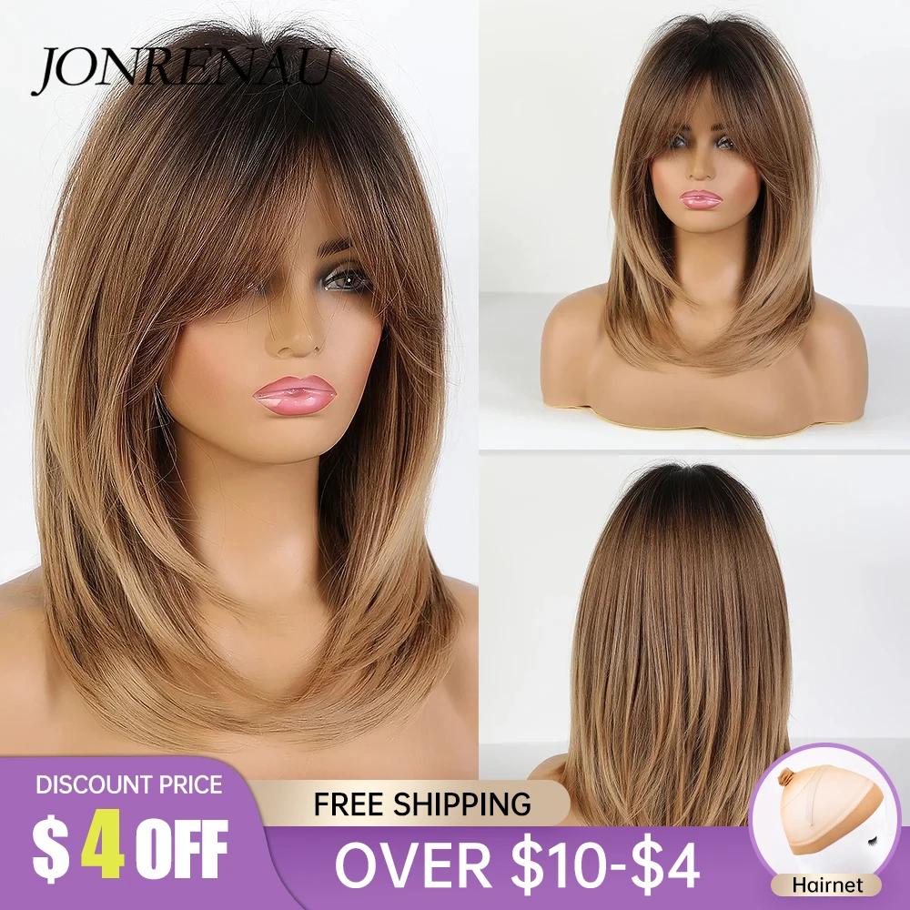 JONRENAU Middle Long Straight Hair with Bangs Ombre Brown to Blonde Wig Dark Roots Synthetic Wigs for Women Heat Resistance Hair