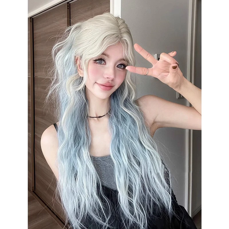 Highlight Blue White Long Curly Lace Front Wig for Woman Nature Synthetic Lace Wigs for Cosplay Daily Use Heat Resistant Wigs