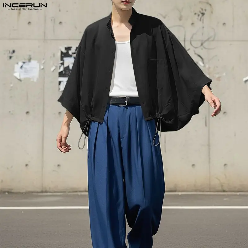 INCERUN Men Shirt Solid Stand Collar 3/4 Sleeve Loose Casual Men Clothing Drawstring Streetwear 2026 Fashion Tops Male Shirts