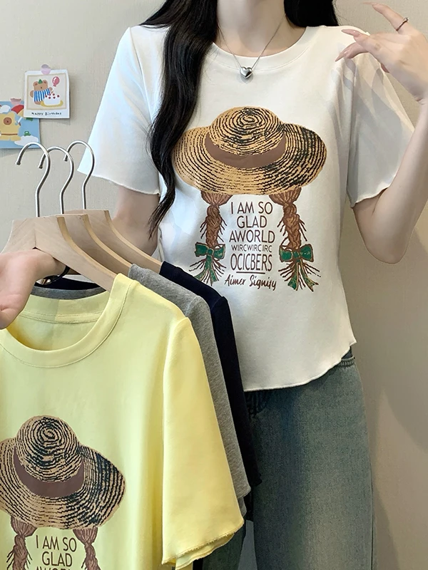 

plus Size Women's T-Shirt Summer New round Neck Slimming Versatile Lazy Style Casual Top Korean Version Commute Style Print S...