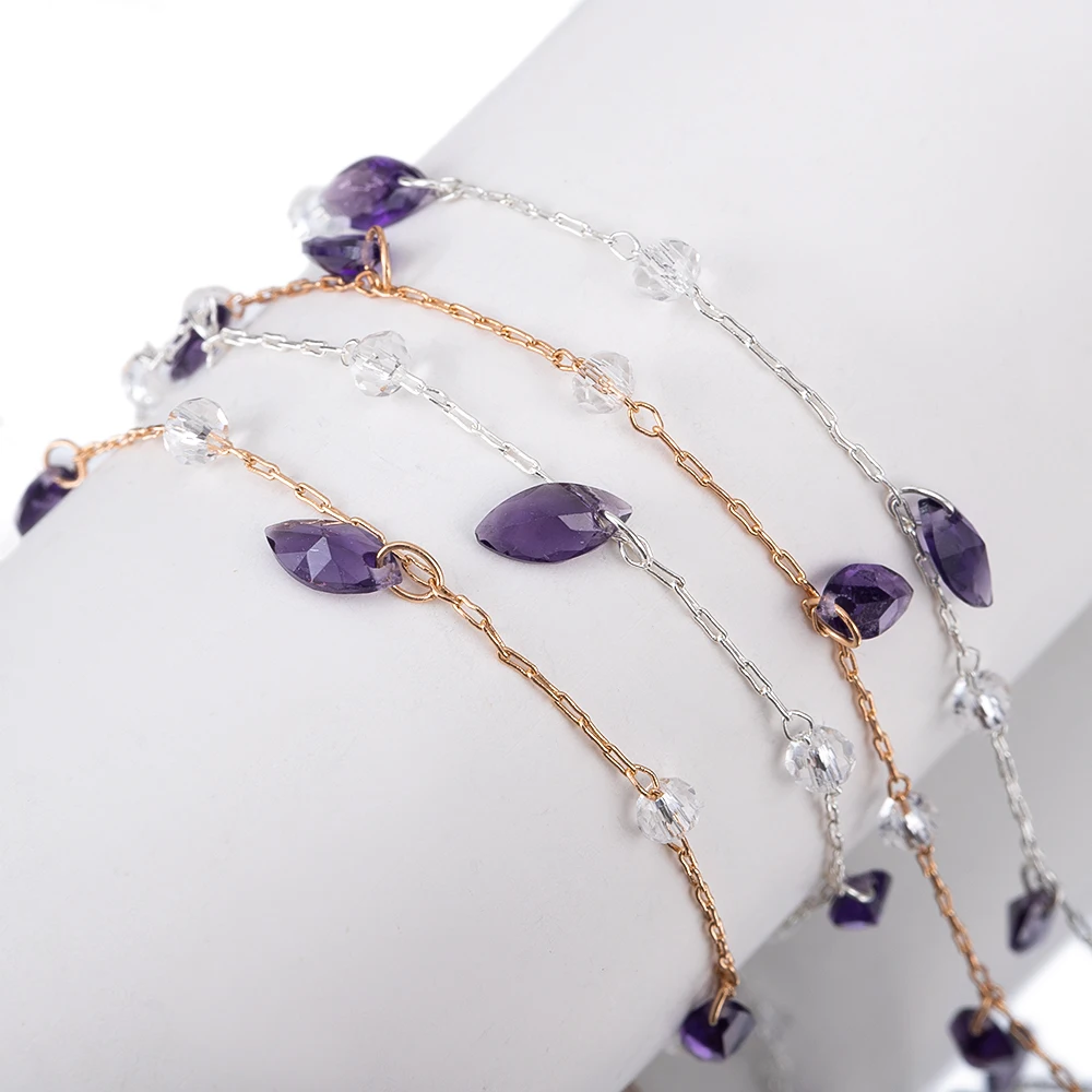 

Wholesale 0.5/1Meter Copper Chain Purple Zircon Links Water Droplet Chain For Jewelry Making Supplies Necklace Findings Crafts
