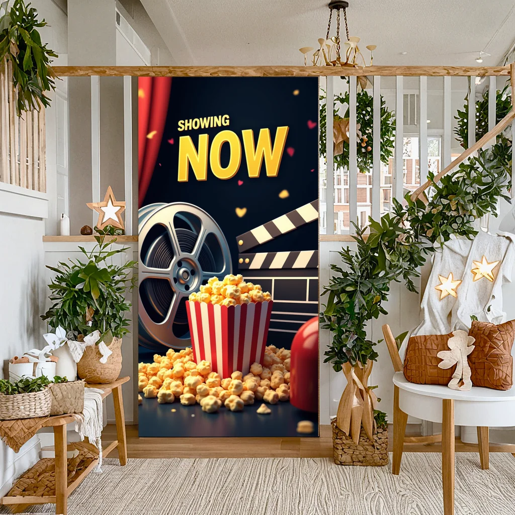 Banner de cine temático de cine de cine de exhibición de fiesta personalizada de fondo para celebración de eventos familiares