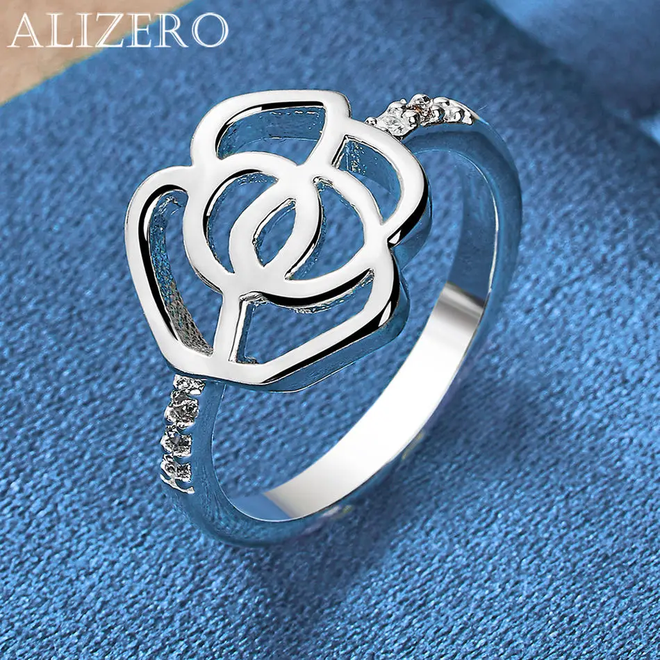 

ALIZERO 925 Sterling Silver Rose Flower Ring with Shiny Zircon Design For Women Fashion Party and Daily Wear Jewelry Gifts