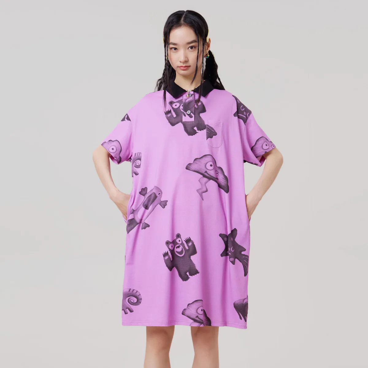 

MOVEUP Short Sleeved Polo Collar Dress 2026 Summer New Pure Cotton Cartoon Animal Print Fashion A-Line Knitted Dress 3ELX11304