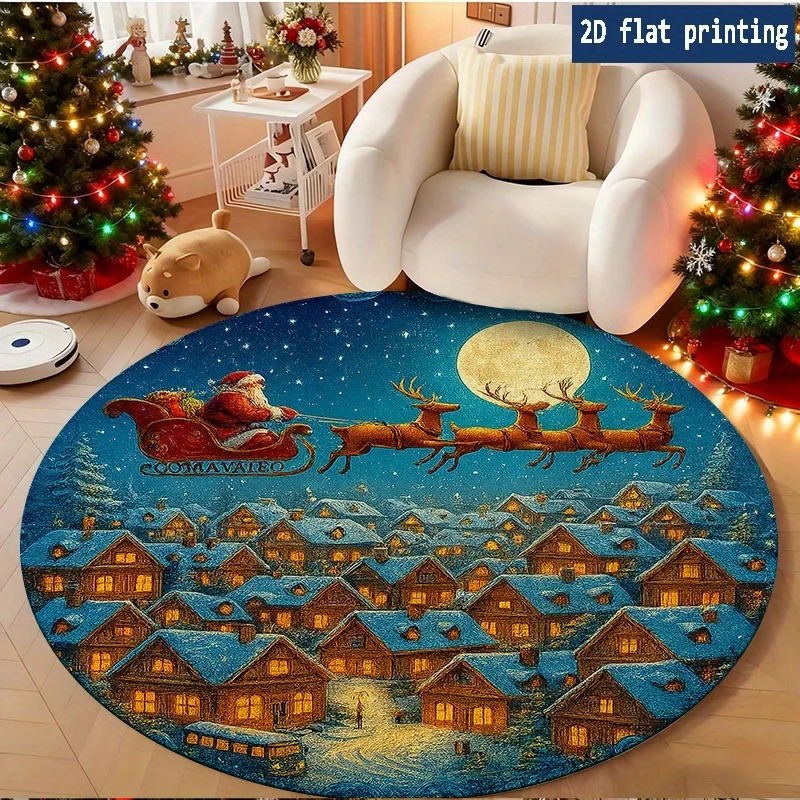 Moon Night Santa Sleigh Reindeer Village Round Rug for Bedroom Bedside Living Room Sofa Chair Entry Floor Mat Giftbox Floor Mat