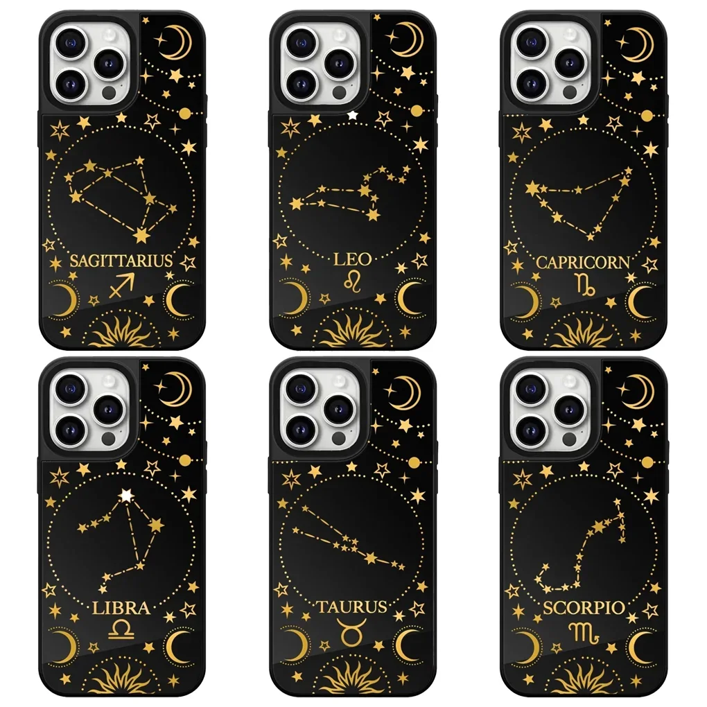 Etui ochronne na iPhone'a 12 13 14 15 16 17 Pro Max z motywem czarnej lustrzanej powierzchni i znakiem zodiaku, pasuje do iPhone'a 17 Pro Max