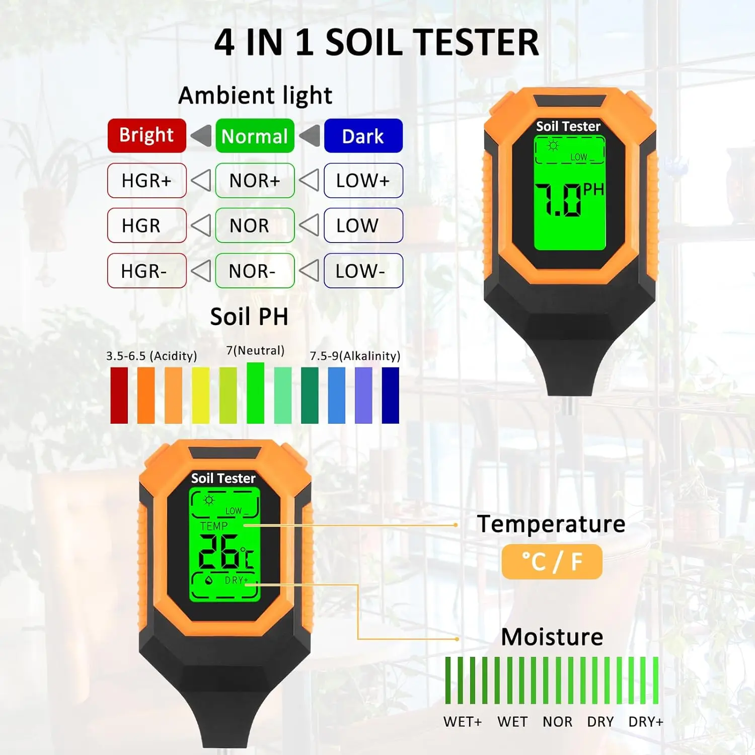 Cyfrowy tester gleby 4 w 1, podświetlenie LCD, temperatura wilgoci, natężenie światła słonecznego, narzędzie ogrodnicze do roślin wewnętrznych i