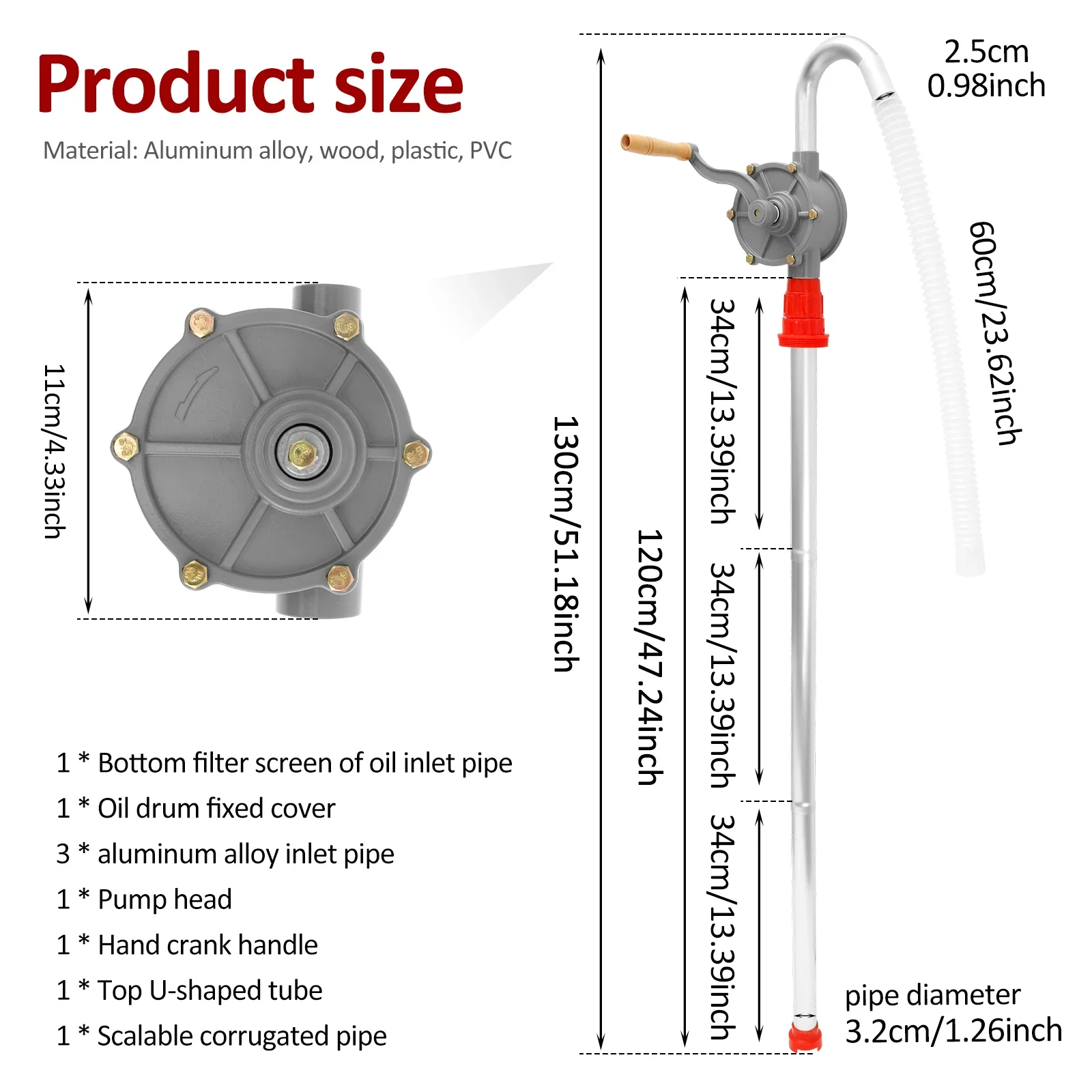 Bomba de mano, bomba de manivela, bomba de barril diésel de aceite, bomba de tambor ajustable de 55 galones, bombas de succión de transferencia de coche para exteriores, aceite de gasolina