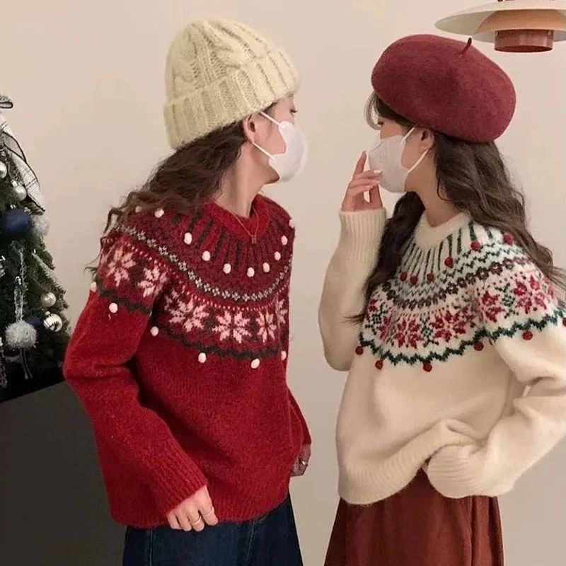 

Christmas Jacquard Red Sweater Women Vintage O Neck Lazy Soft Knit Pullover Autumn Winter Fashion Tops Outfit Korean