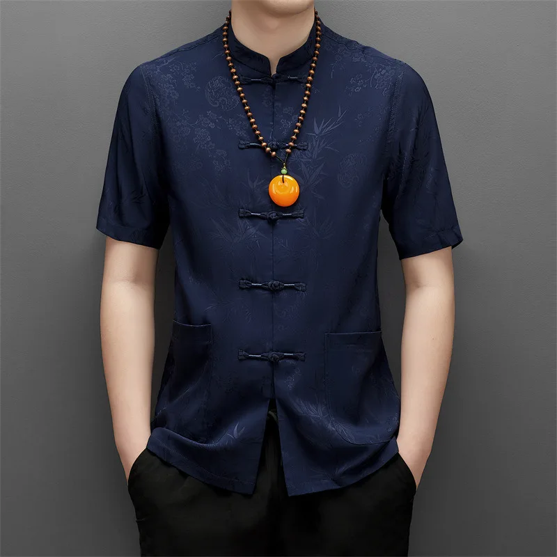 Summer Short Sleeved Tang Dynasty Top Satin Chinese Style Printed Shirt Men Loose Casual Vintage Button Coat Morning Exercise