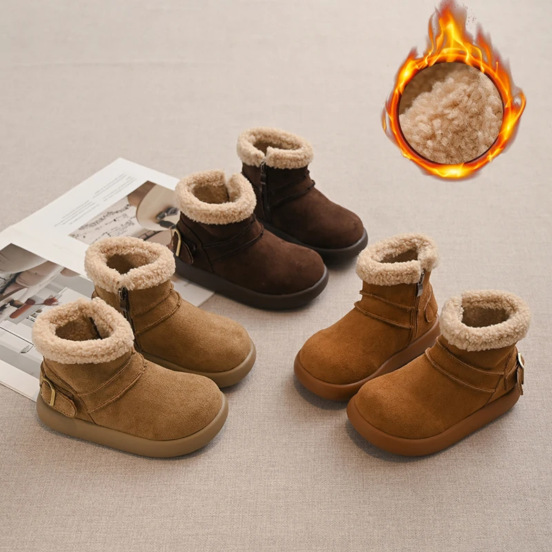 

Children's Snow Boots Size 26-36 Camel Padded Thickened Boys and Girls Cotton Shoes Khaki Simple Hundred Soft Kids Short Boots