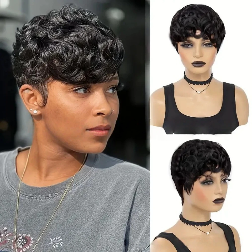 

Короткие синтетические парики с стрижкой афро-пикси, 4-дюймовый парик из вьющихся волос, натуральный черный цвет, парик из синтетического волокна, низкотемпературные парики из волос