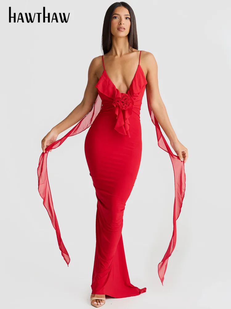 Hawthaw Women Sexy V Neck Party Club Evening Birthday Bodycon Red Long Dress 2024 Summer Clothes Wholesale Items For Business