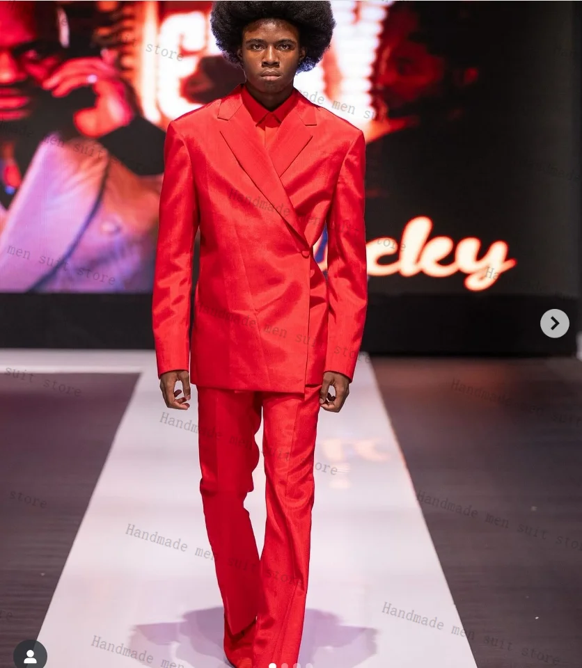

Catwalk Red Men Suits 2 Piece Satin Blazer+Pants Wedding Tuxedo Coat Customized Formal Office Business Jacket Trousers