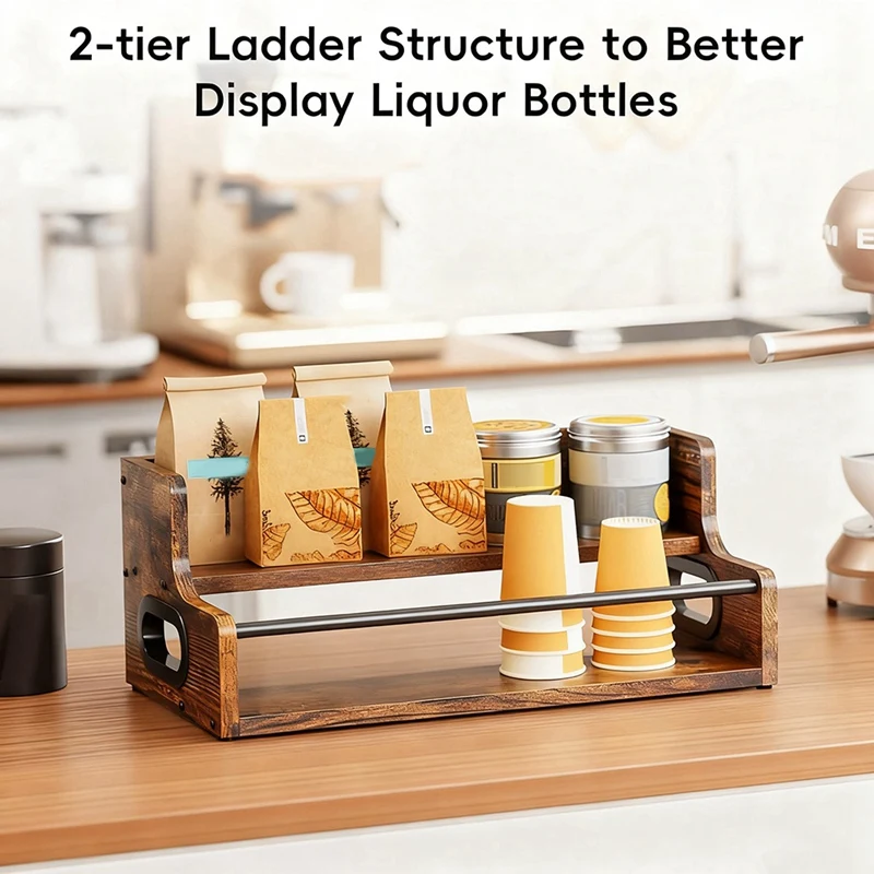 Liquor Bottle Display Shelf, Coffee Syrup Rack Organizer, 2 Step Countertop Liquor Wine Rack, Mini Bar,Liquor Cabinet Retail