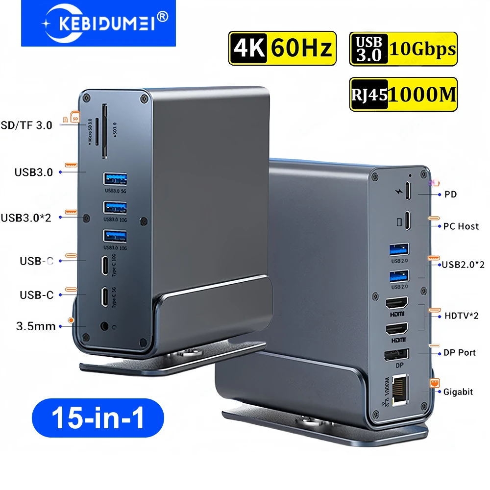 Hub Vertical 15 en 1 avec Triple moniteur, Station d'accueil USB C 4K60Hz, RJ45 1000M, USB 3.0, PD100W, SD/TF, Audio 3.5 pour Macbook
