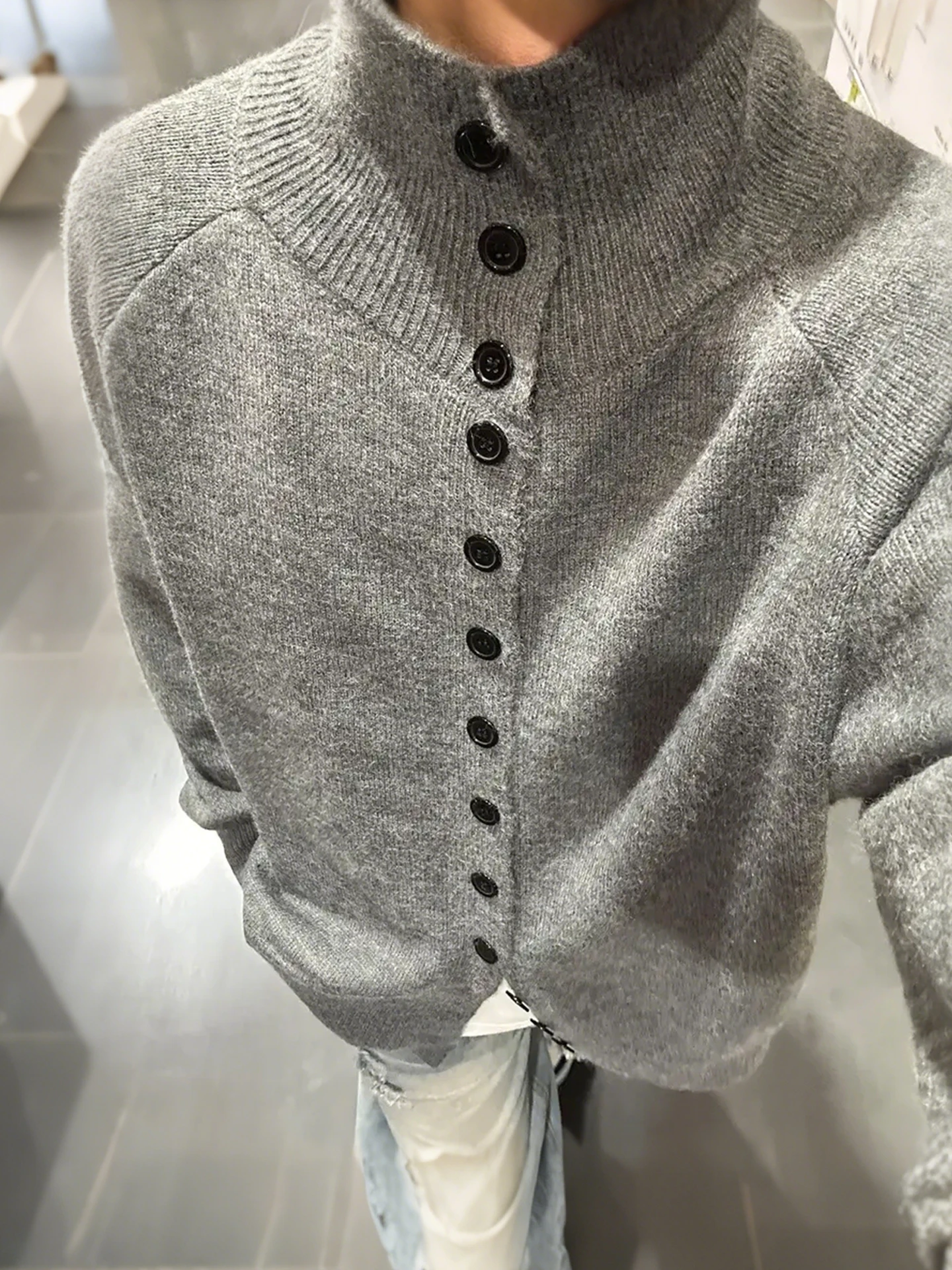 

American Retro Knitted Sweater Coat Men's Autumn High Collar Button down Lazy Sle Knitwear Cleanfit Stand Collar Coat