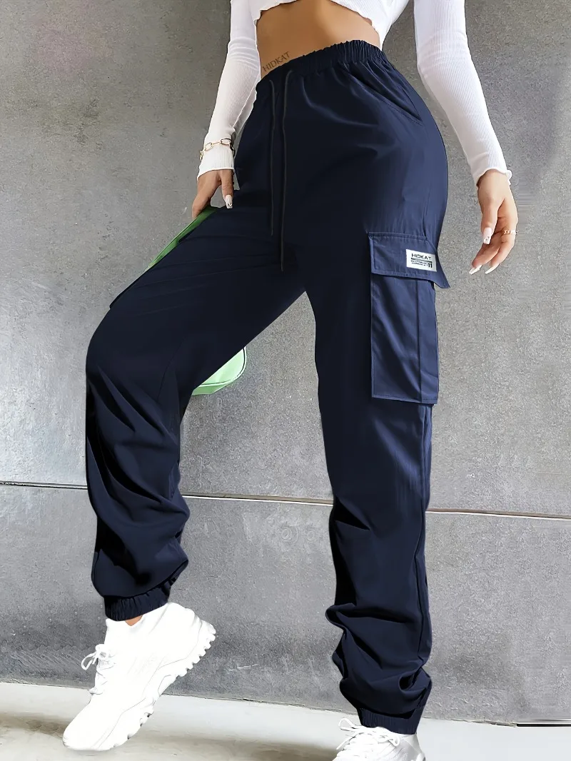 بنطال كارجو نسائي كاجوال بخصر مطاطي وجيوب كبيرة - بنطال طويل بقصة عادية بلون سادة #2