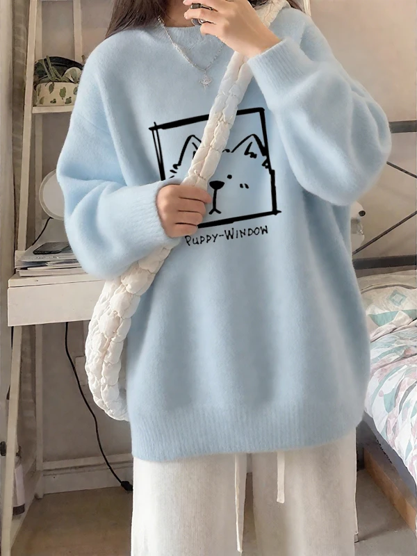 

Girls round Ne Knitwear Warm Inner Cartoon Print Base Layer Sweater Casual Loose Fit Winter Polyester Fiber Student Wear