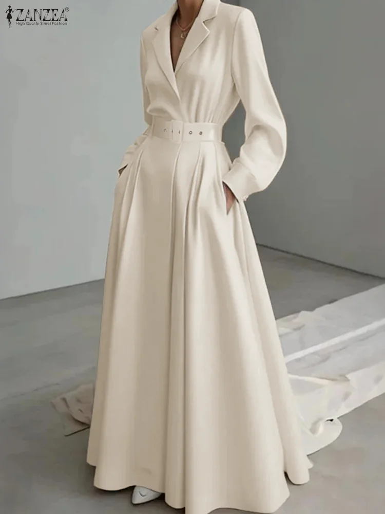 

Женское осеннее рабочее платье ZANZEA 2025 Элегантные офисные платья с лацканами и длинными рукавами Однотонный халат с поясом Стильные вечерние платья трапециевидной формы