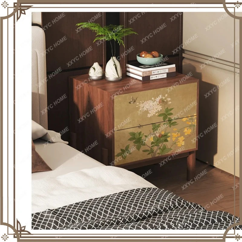 X-S New Chinese retro flower solid wood bedside table bedroom small bedside HG