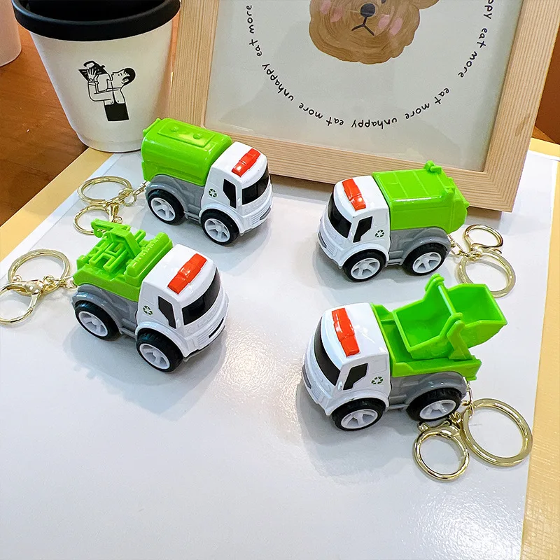 Cartoon Mini Inertia Toy Model Simulation Sanitation Car Garbage Truck Pull Back Car Keychain Pendant Gifts For Boys