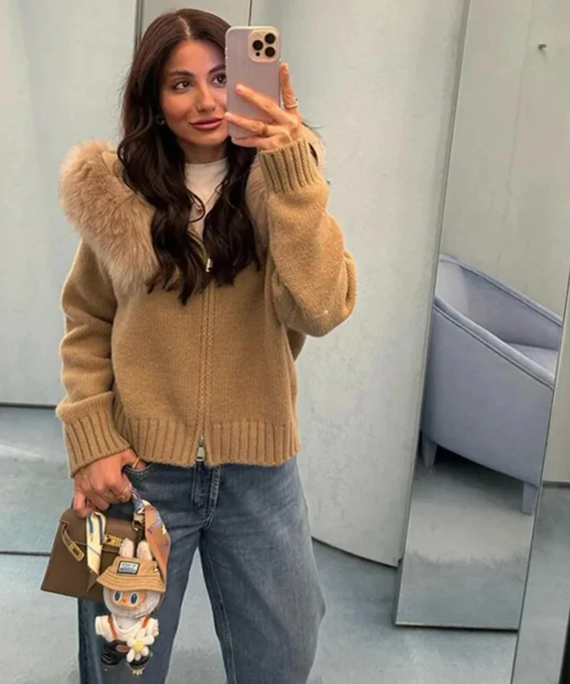 女性ニットカーディガンフード付きフェイクファー襟ジャケットカジュアルジッパーリブ袖口ルーズ