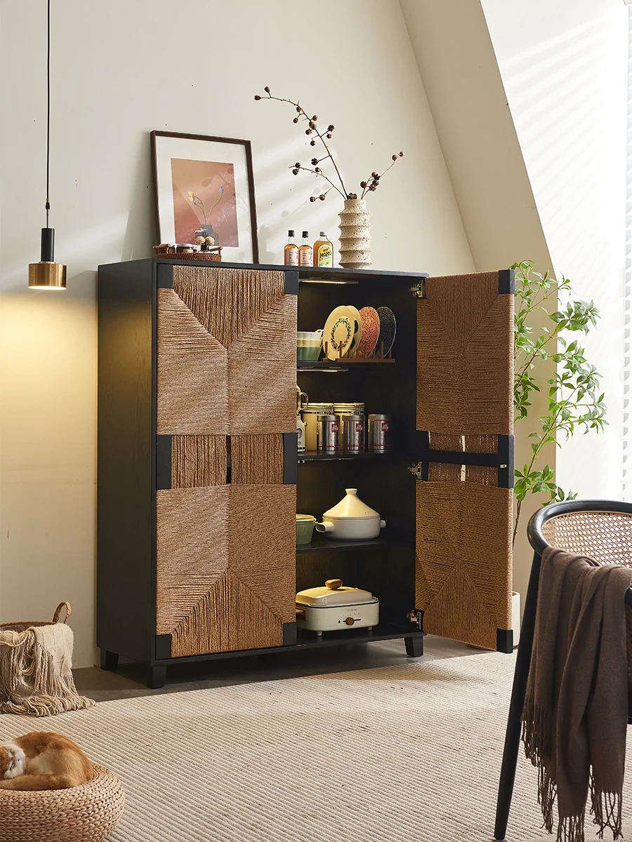 Medieval rattan woven solid wood dining side cabinet, wabi-sabi black porch storage double door cabinet