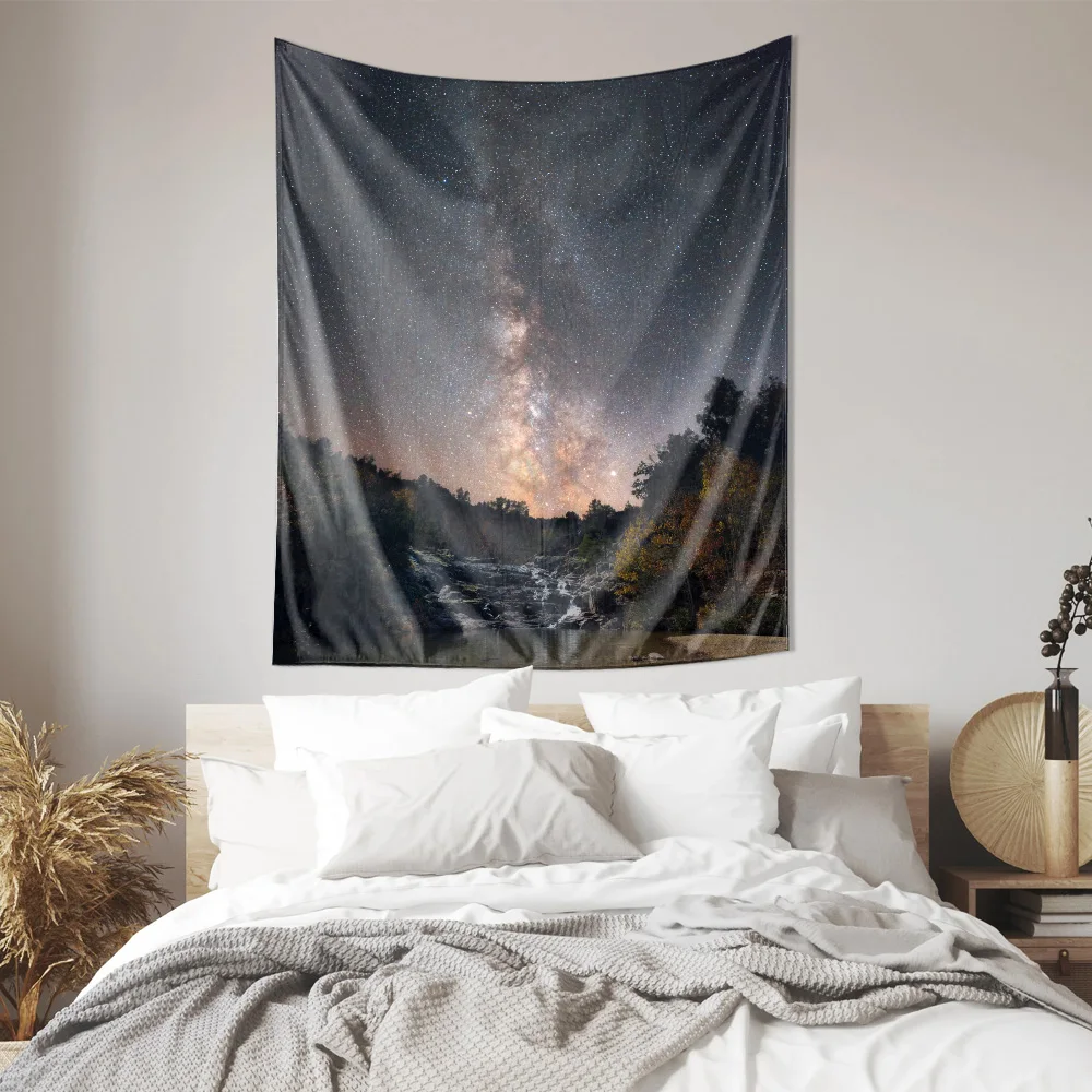Milky Way Galaxy Over Mountain River Night Sky Tapestry Machine Washable All Season Decor Print Home  Durable materials