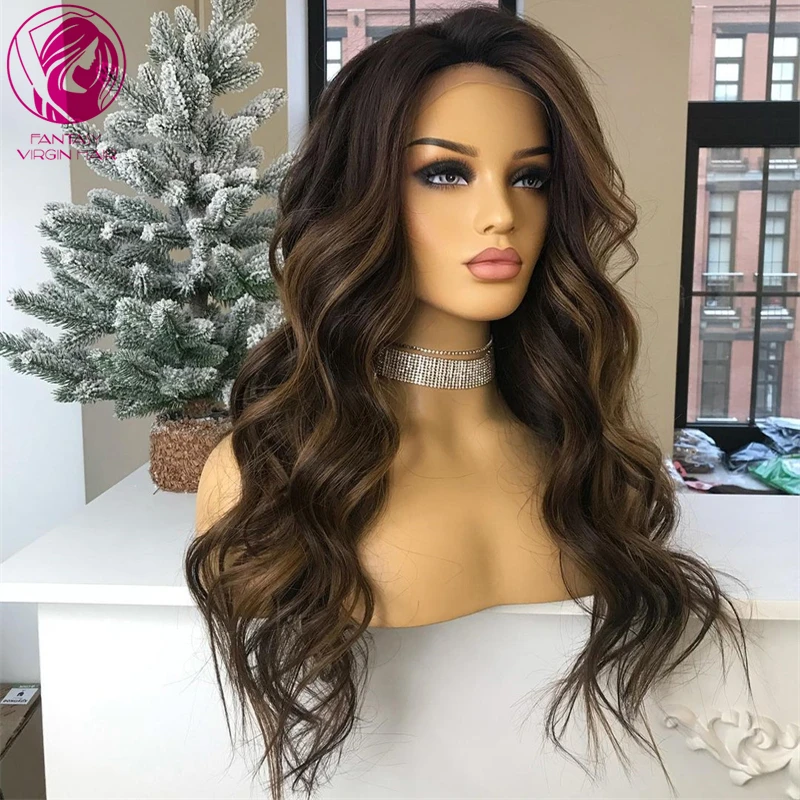 

Human Hair Lace Frontal Wigs Natural Brown Honey Blonde Highlights 13x6 Lace Front Wigs Free Parting Loose Wavy Human Hair Wigs