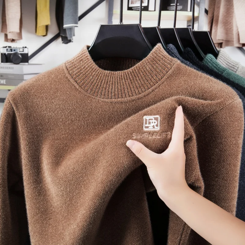 

Hot Selling Luxury Quality Men's Knitted Sweater Semi High Neck Velvet Letter Embroidery Pullover Winter Cold Resistant Menswear