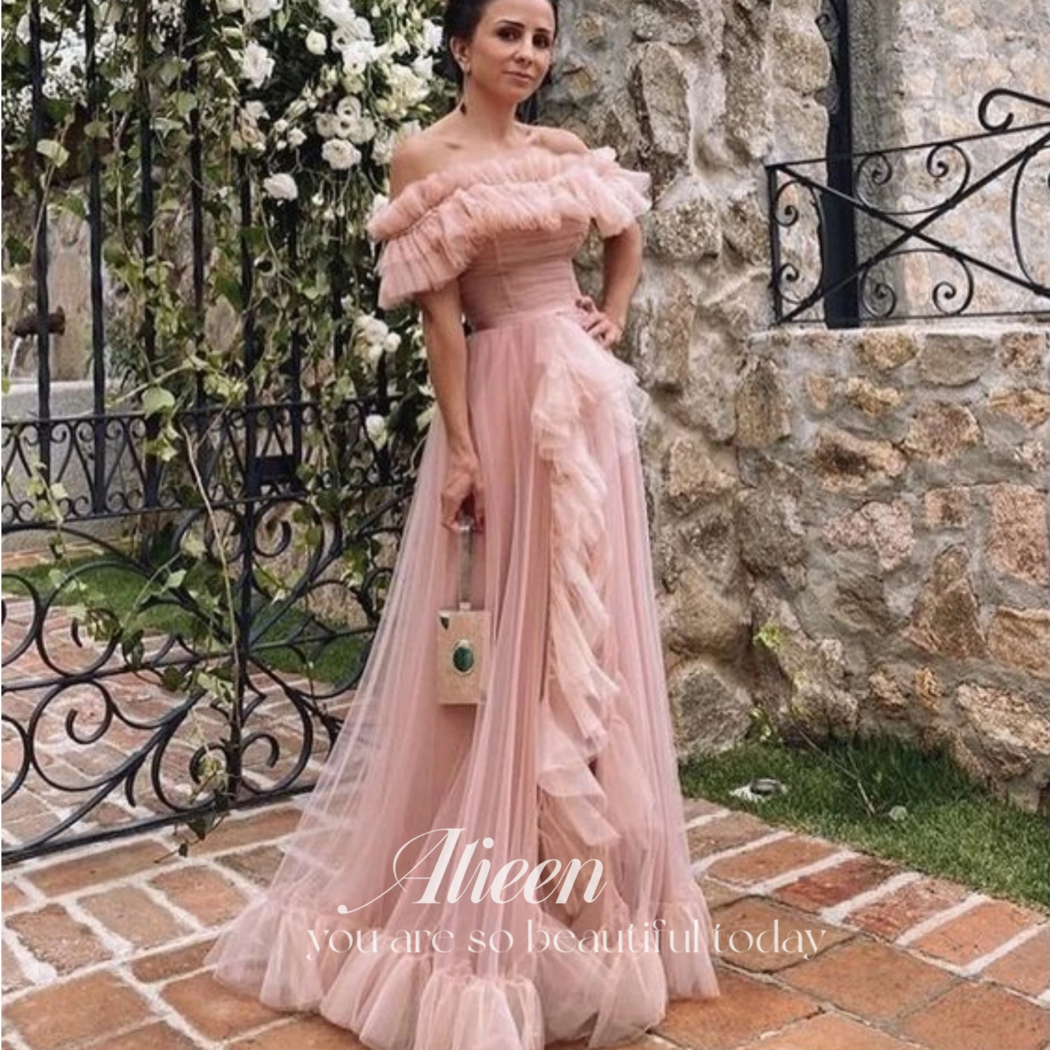 Vestido de cóctel de dama de honor, vestido de noche árabe, fiesta de noche, elegante, de lujo, celebridad, rosa, hombros descubiertos, personalizado