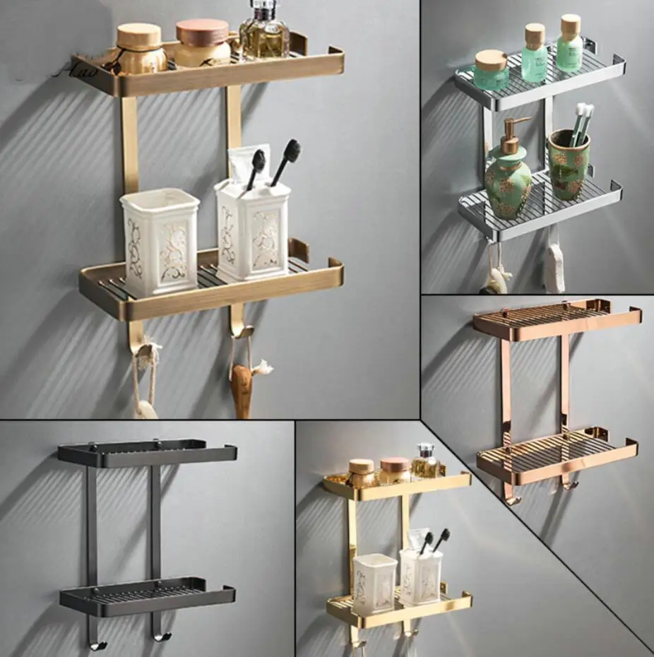 Copper antique bathroom double-layer net basket European retro toilet storage rack pure copper rectangular storage rack