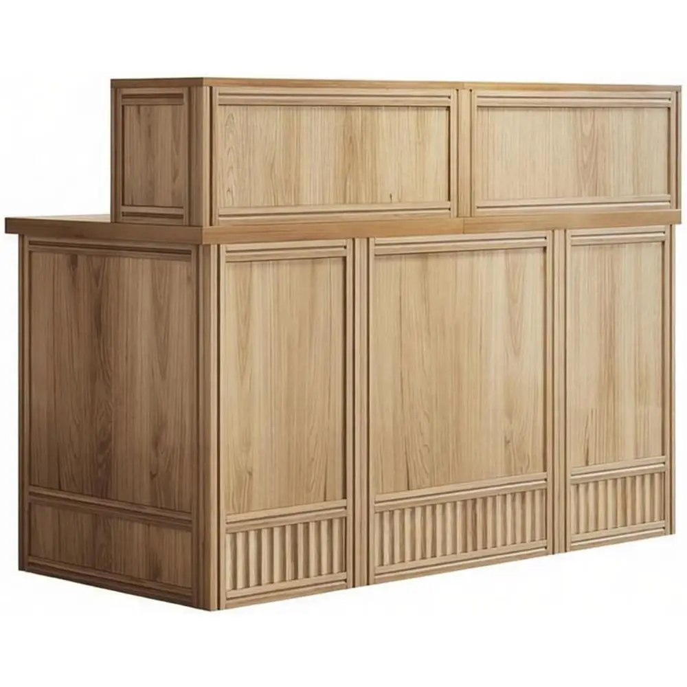 56.7 Inch Front Desk Counter with Raised Shelf, Rustic Oak Checkout Counter, Retail Table for Store, Business Entryway