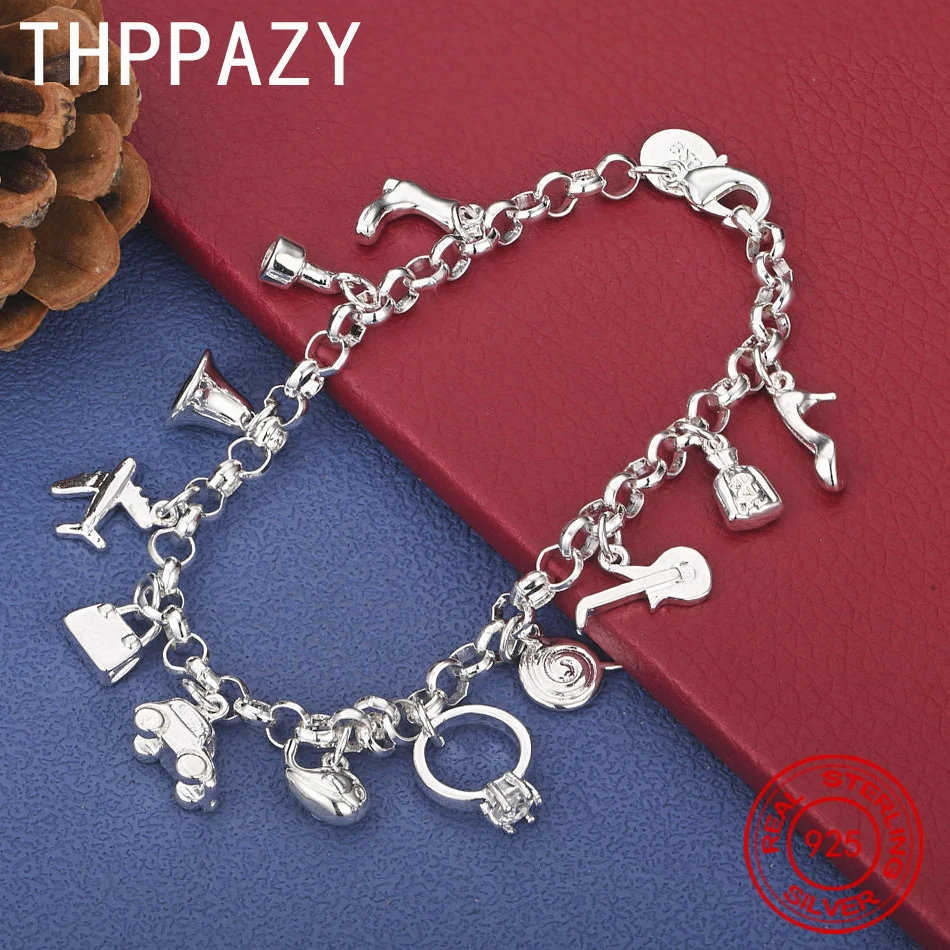 

THPPAZY 925 Sterling Silver Shoe/Bag Bell/Airplane Bracelet 8-Inch Chain Women Fashion Party Birthday Popular Versatile Gift
