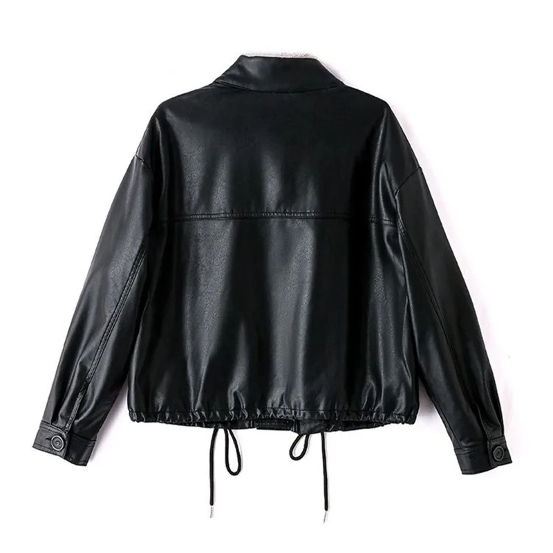 패션 벨벳 두꺼운 따뜻한 가짜 가죽 자켓 가을 겨울 새로운 스탠드 업 칼라 짧은 기관차 코트 여성 느슨한 Outwear T1481