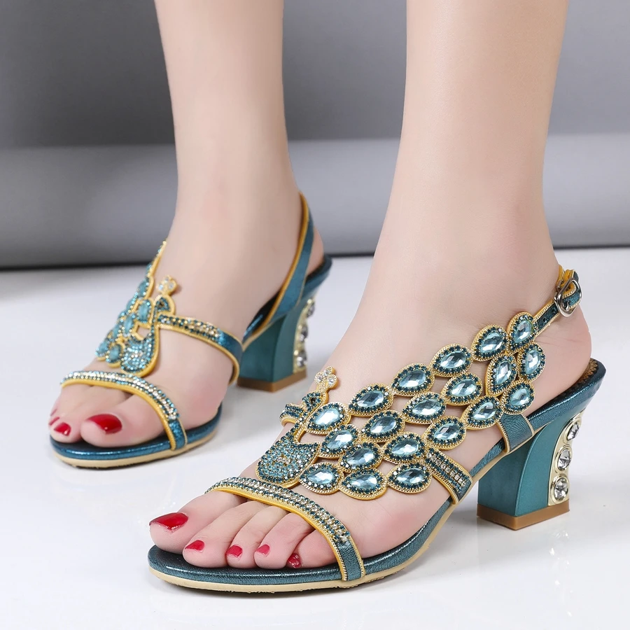 

Big Size Genuine Leather Women Summer Rhinestone Square High Heels Ladies Wedding Party Shoes Sexy Crystal Green Sandals X0006