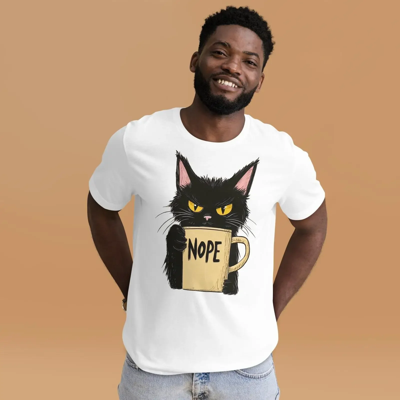 Nope Funny Black Cat With Coffee Mug T Shirt Cranky Morning Mood Sarcastic For Lover Late Riser  vintage Washed Soft Breathable