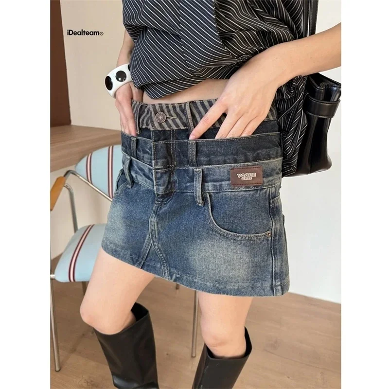 

Streetwear New Multi Waisted Patchwork Print Denim Skirt Women Harajuku Retro Blue Short Skirt Gothic Fashion Design Mini Skirt
