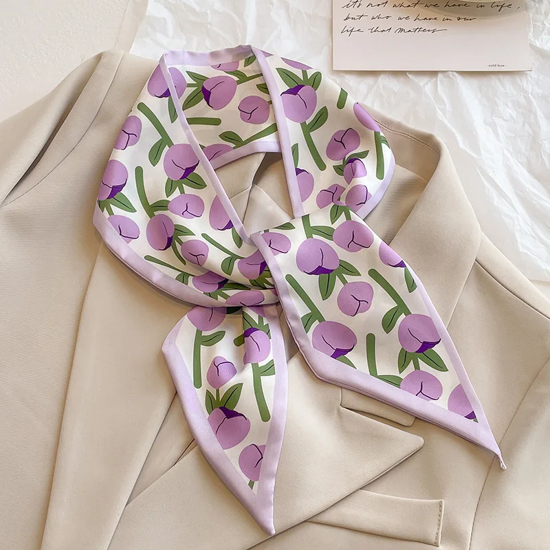 Lady Long Skinny Silk Scarf Hairband Neck Tie Design Floral Print Luxury Brand Hair Accessories Scarves Summer Headscarf