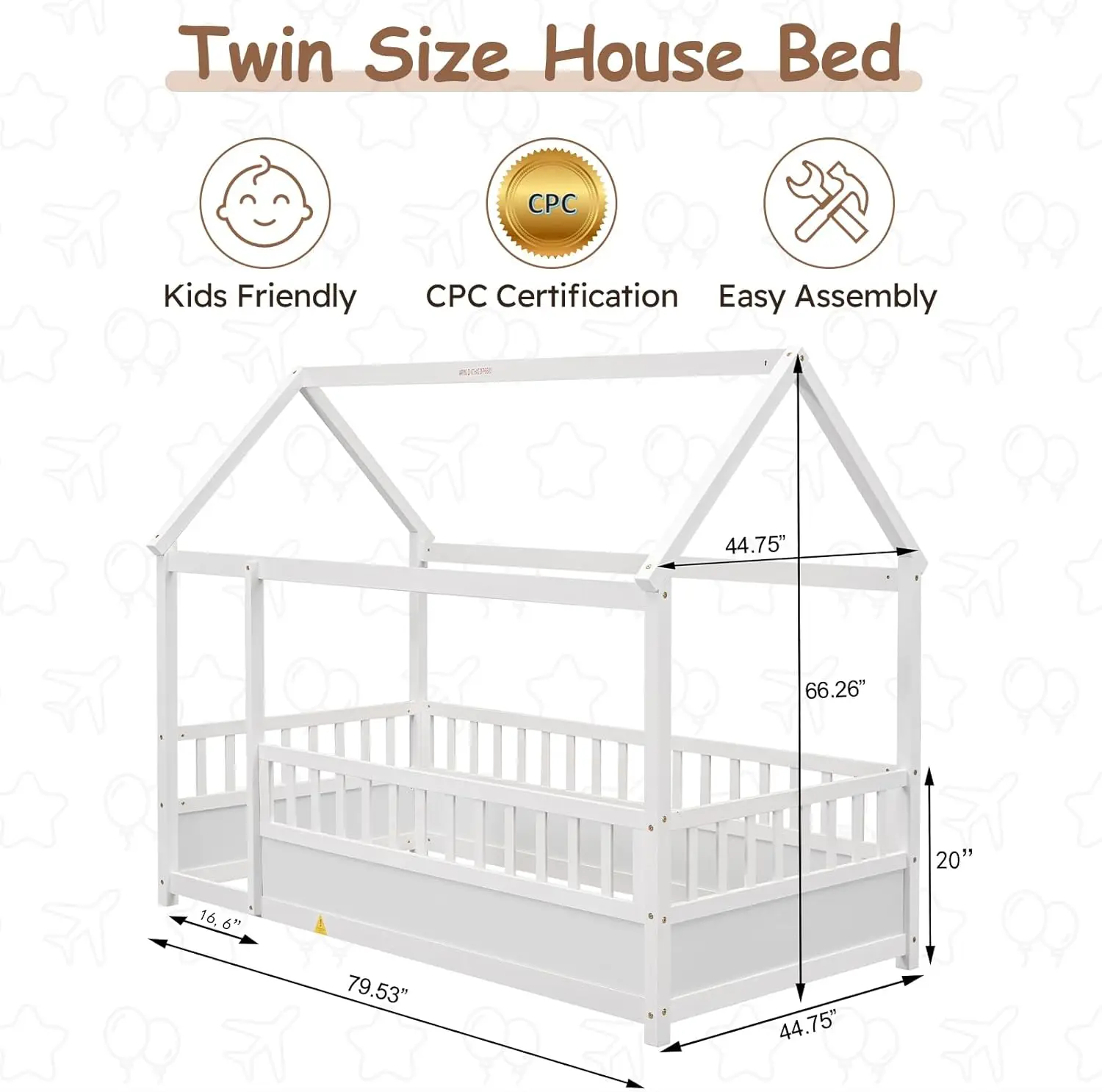 Estrutura de cama de piso de casa dupla com telhado, cama montessori de casa de criança de tamanho duplo com cerca de aumento, cama de madeira para crianças pequenas