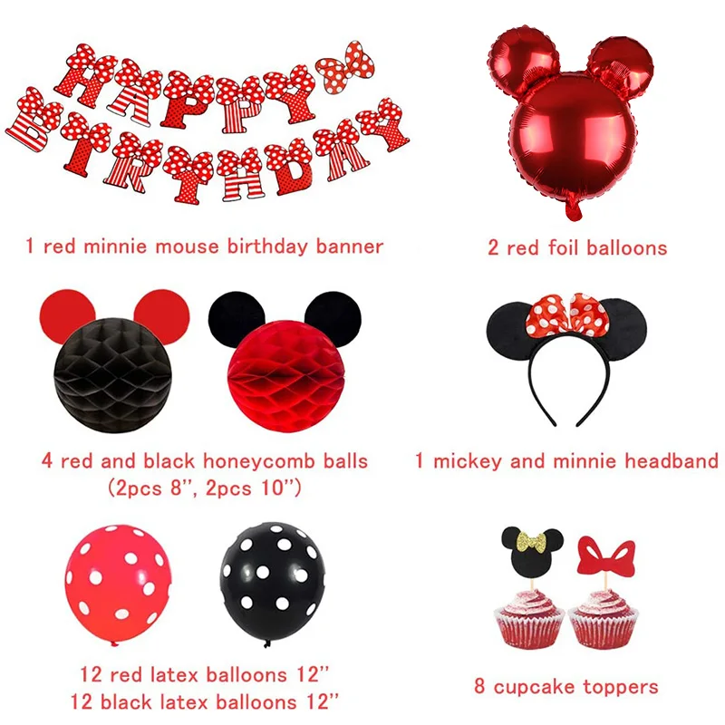 40pcs Minnie Mouse Themed Party Supplies Birthday Decorations Red and Black for Girls, Ear Headband Banner for Birthday Decorati