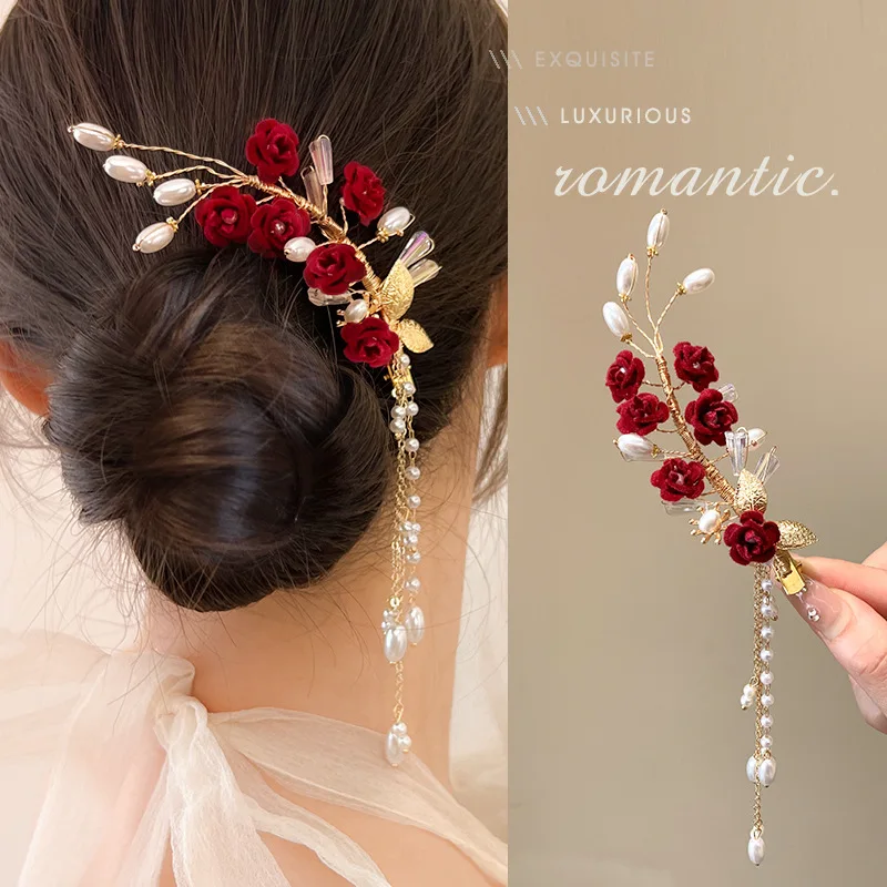 Vintage Silk Flower Hairpin For Girls Red Flower Pearl Hair Clip New Year Lucky Jewelry Hair Accessories Gift For Little Girls