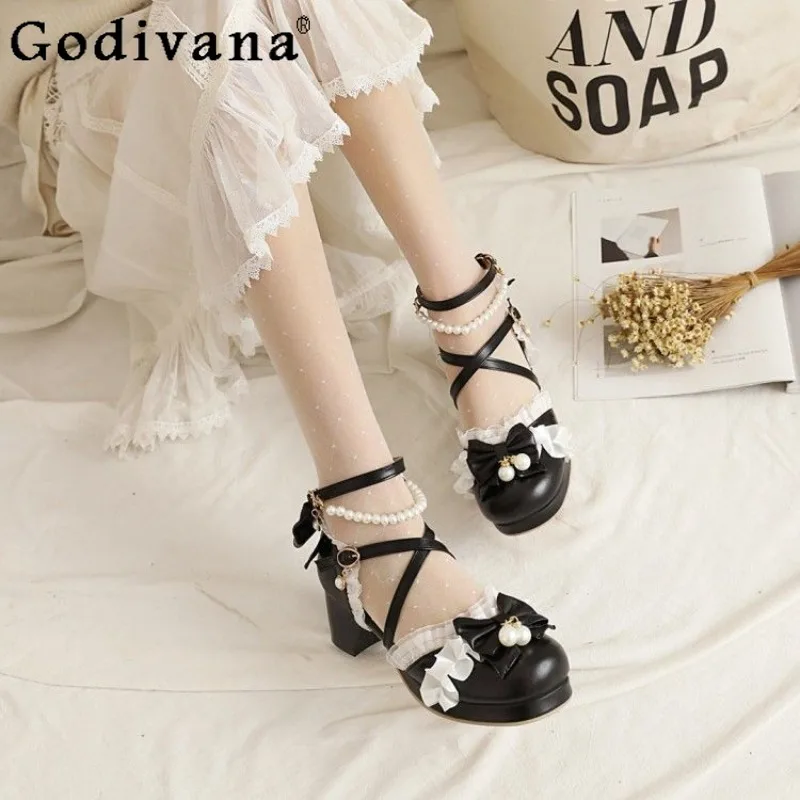 Summer Girl Japanese Style Lolita Shoes Original Mid Heel Lolita Lo Shoes Women's Student Bow Sweet Pink Princess Shoes