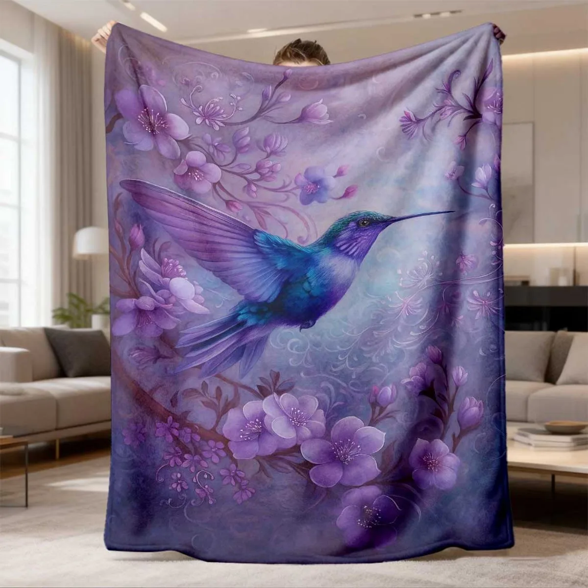 Hummingbird Blanket Modern Throw Blankets Vintage Cherry Blossom Floral Bed Cover Retro Aesthetic Living Room Sofa