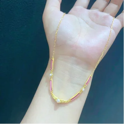 New 24K gold laser four-leaf necklace for women 2024 hot-selling tassel clavicle necklace for girlfriend AU999 gold jewelry