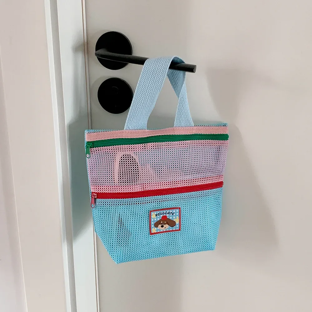 Damen-Kosmetiktasche aus Mesh mit Farbblock-Design, Tragegriff und süßem Applikationsmotiv, kleine Kosmetiktasche für die Aufbewahrung von Reiseutensilien im Alltag – Detail 13