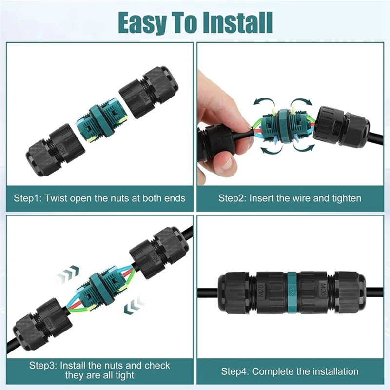 4 Uds. Caja de conexiones de 2 vías y 3 polos IP68 conector de Cable eléctrico impermeable para exteriores Ø5-12mm