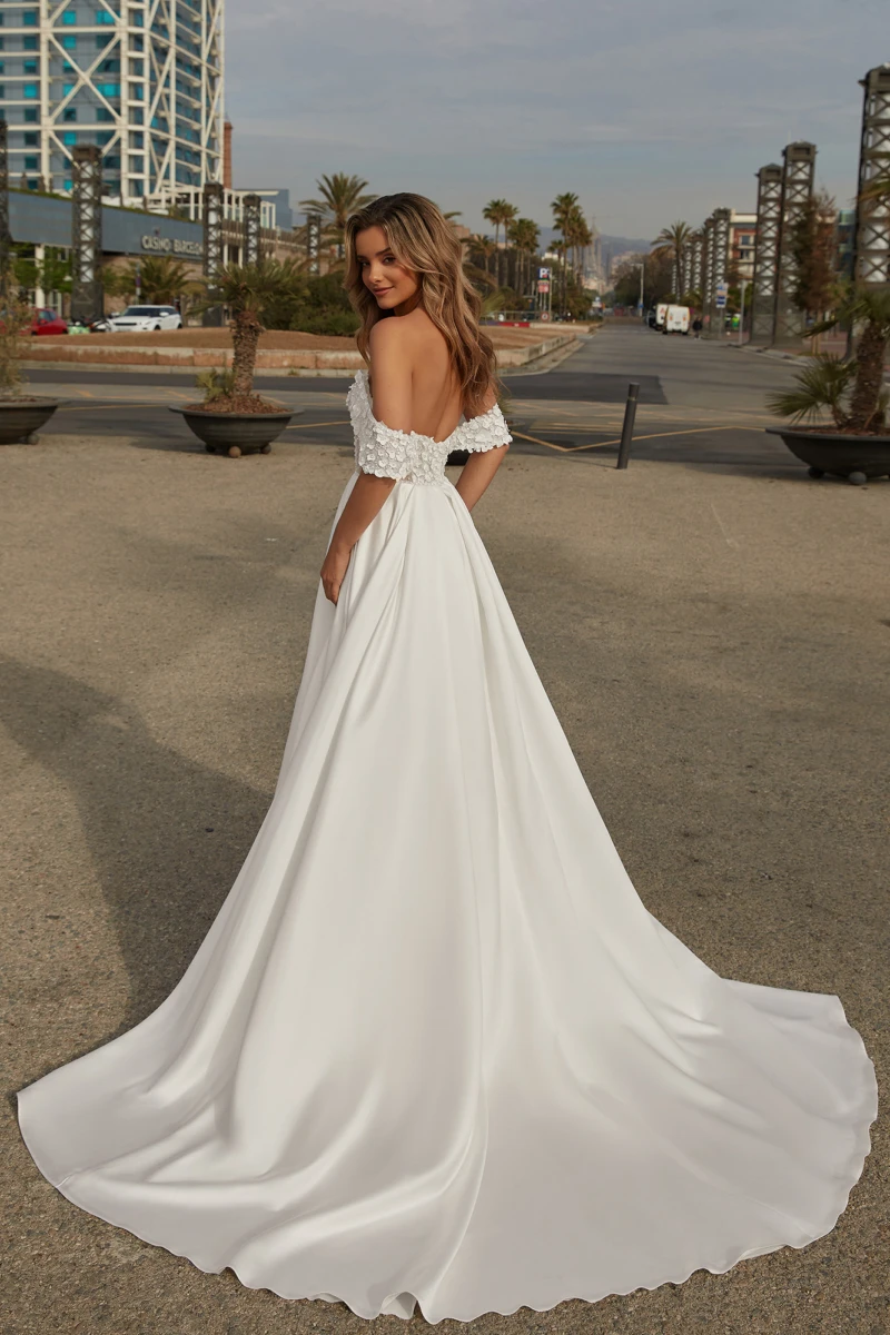 Robe de mariée élégante en Satin, épaules dénudées, ligne a, longueur au sol, avec poche et traîne de balayage, pour femmes